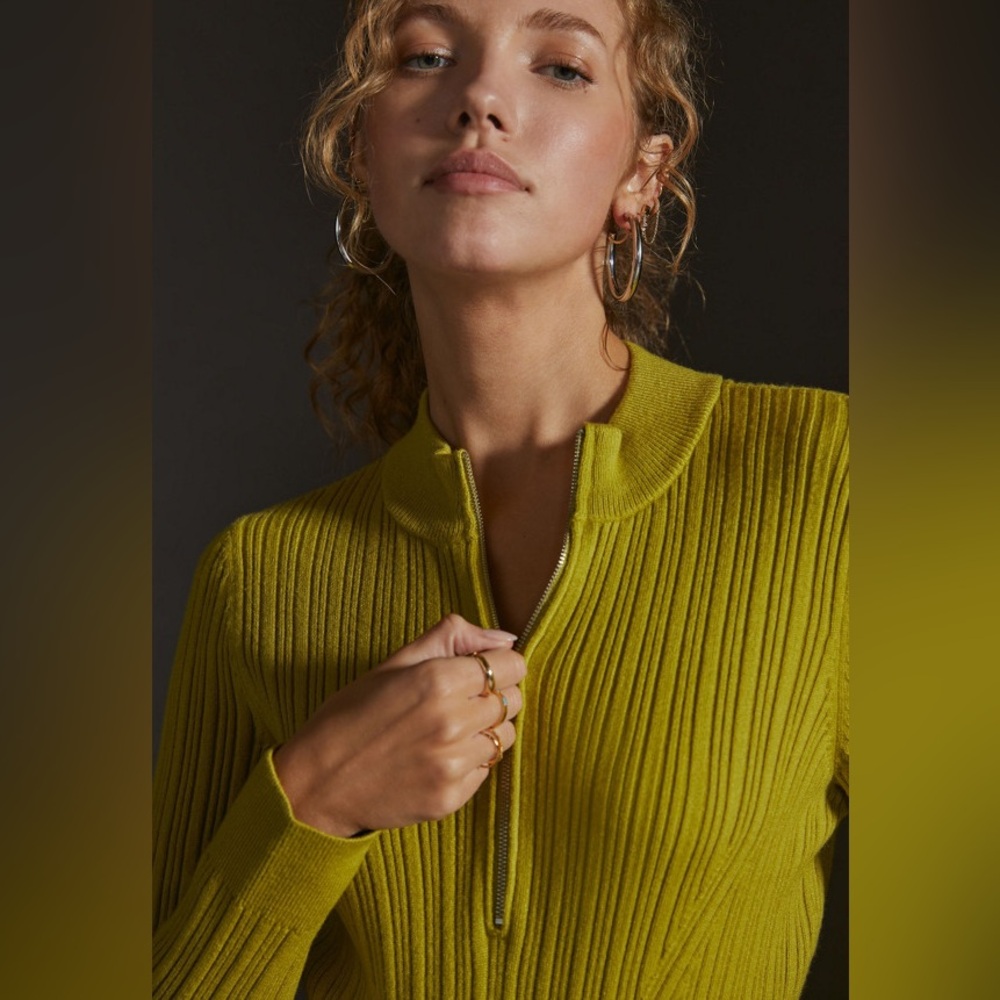 🛑SOLD ANTHROPOLOGIE MAUVE Leila Half Zip Sweater in Lime Green - Picture 1 of 9